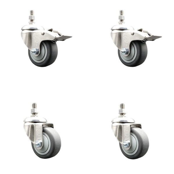 Service Caster 3 Inch 316SS Thermoplastic Rubber 3/8 Inch Threaded Stem Caster Lock Brake, 2PK SS316TSTTL20S314-TPRB-381615-2-S2 - main